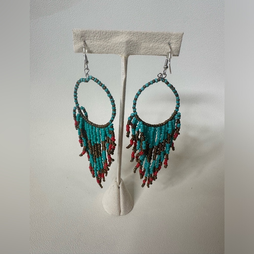 Teal & Red beaded earrings